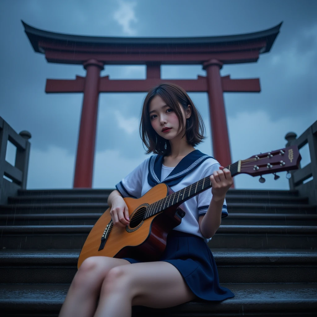 A large torii gate can be seen hazy behind a woman sitting on the stairs of a shrine ,  The large torii gate can be seen hazy behind,  Global Lighting , Front View:1.8, (Best Quality:1.4),   32k high resolution UHD  , (masterpiece:1.2),   Extremely Detailed Real Photo , (Realistic, 超Realistic:1.4),  in heavy rain  , Beautiful Japanese woman ,   Famous Beautiful Japanese Idol  ,  plays acoustic guitar:1.5, (Gibson folk guitar ), Perfect composition, Proper placement, Golden Ratio, It's not raining , midnight,  clear night sky:2.0,   full of stars, milky way, Milky Way, meteor,  anatomically correct proportions  :1.331,   has a small head :1.331,  Slender body:1.331,   Thin Waist:1.331, Thin limbs:1.331,   flat chest:1.331,   Japanese high school sailor suit   :1.21, Short sleeve clothing,  White Short Sleeve Sailor Suit  :1.21, sera fuku:1.21,  navy mini skirt , I can see her belly button ,  , Brown Hair,  The wavy hair  :1.21,  symmetrical eyes ,  Beautiful Hair Fluttering in the Wind   , 