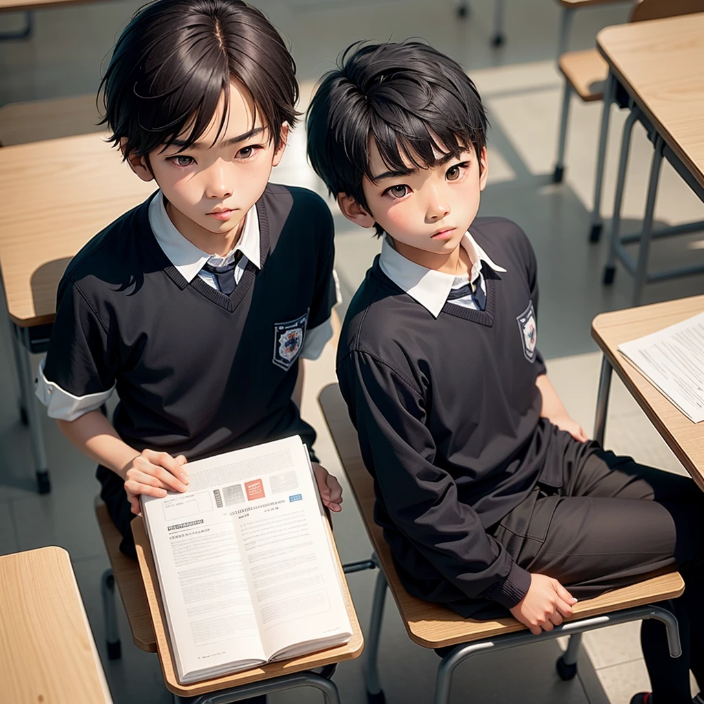 solo, solo focus,(ars old)panese boy,short black hair,serious expression,sitting at the desk,holding a textbook,classroom in the background,wearing japanese black school uniform