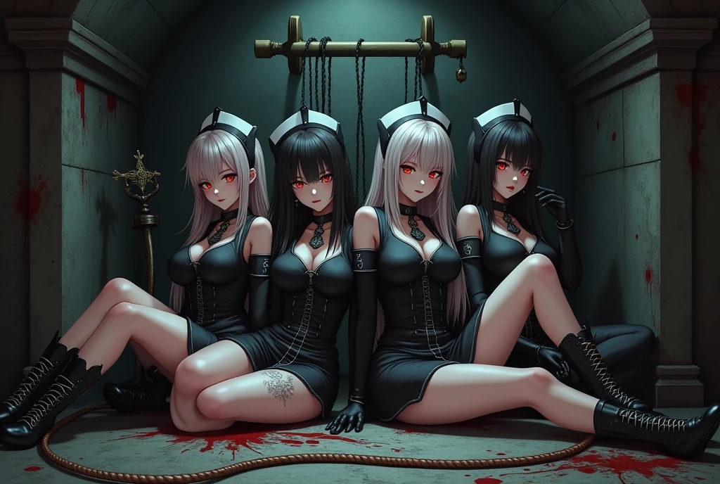 Dynamic shot, ((3 females)), A picture of 2 beautiful succubus demon girls and 1 sexy nun on a leash, ((2 demon girls and a nun)), nun, demons, beautiful demon girls, dark, sexy, nun on a leash, (golden leash), collar, bdsm, beautiful bodies, highly detailed faces, stockings, leather tight boots, horny, from below, closeup
