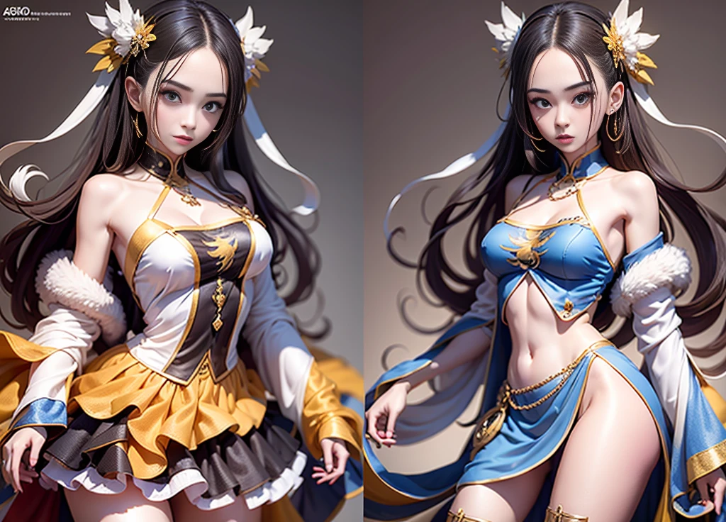 ((masterpiece), (absurdres), (absolutely resolution), on), happy laughing, (stunning face, symmetrical clear eyes, detailed eyes and face, detailed body, on), CHARACTER TURNAROUND SHEET,THREE-VIEWDRAWING,FULL BODYSHOT,GAMECHARACTER DESIGN,BYXIAOFEIYUE,Girl ,VICTORNIZO∨TSE∨,ORANGE BACKGROUND,:12 -- Wear expressive 