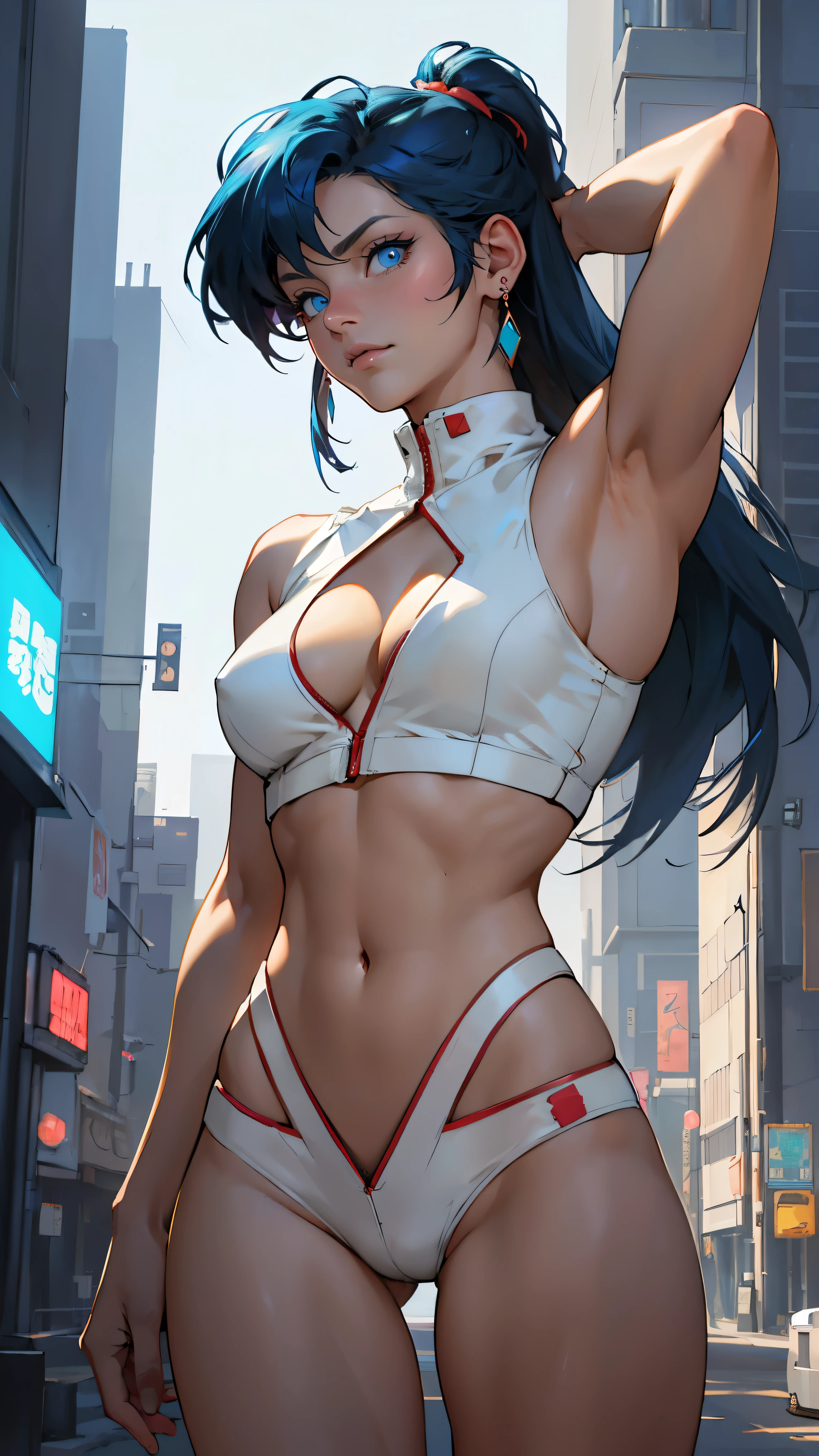 ((Masterpiece, highest quality; 1.3)), super quality, beautiful detail, super detailed, extra fine, 16K, exquisite, absurd, high resolution, beautiful background, detailed background, beautiful eyes, beautiful skin, anime style, dirtypairyuri, Dirty Pair Yuri in a skimpy white outfit, long blue hair, blue eyes, earrings, white uniform, white crop top, cutout, sleeveless, wearing tight clothing, skimpy, (breasts: 1.2), cleavage, cleavage, , obliques, fit arms, slim waist, ((wide hips)), fit thighs, (thigh gap), showing stomach, (skinny frame), wide hips, cyberpunk city background, holding a retro space gun