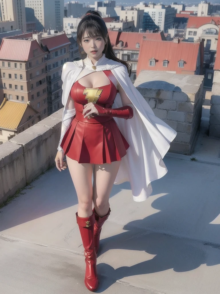 masterpiece, best quality,  mary marvel, white cape, red dress, red skirt, long sleeves, bracer, large breasts, looking at viewer, cityscape, rooftop, cleavage、 (between breasts), yellow boots, ponytail、アクション・ペインティング, 