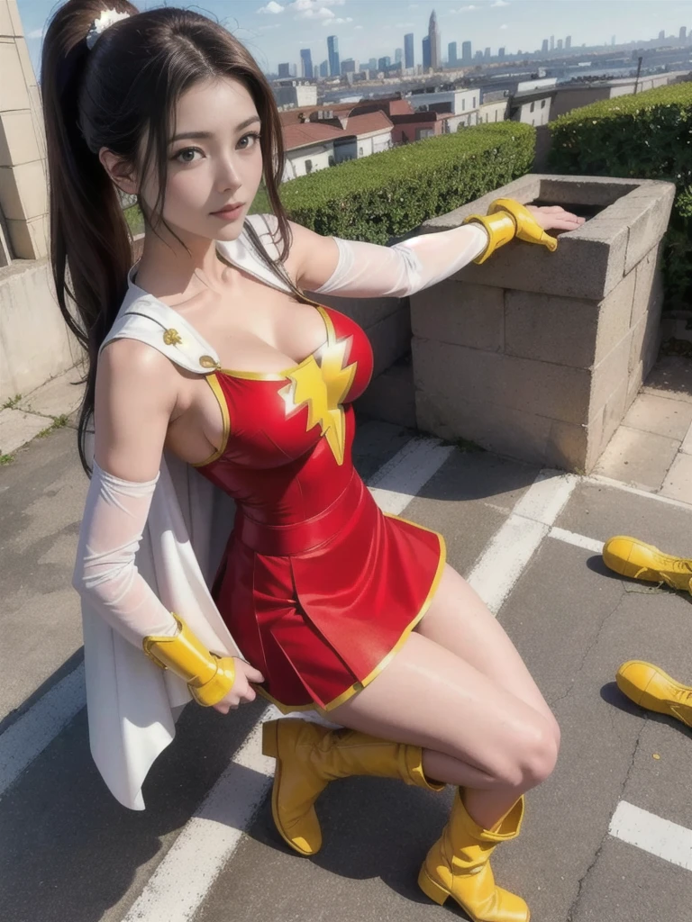 masterpiece, best quality,  mary marvel, white cape, red dress, red skirt, long sleeves, bracer, large breasts, looking at viewer, cityscape, rooftop, cleavage、 (between breasts), yellow boots, ponytail、アクション・ペインティング, 