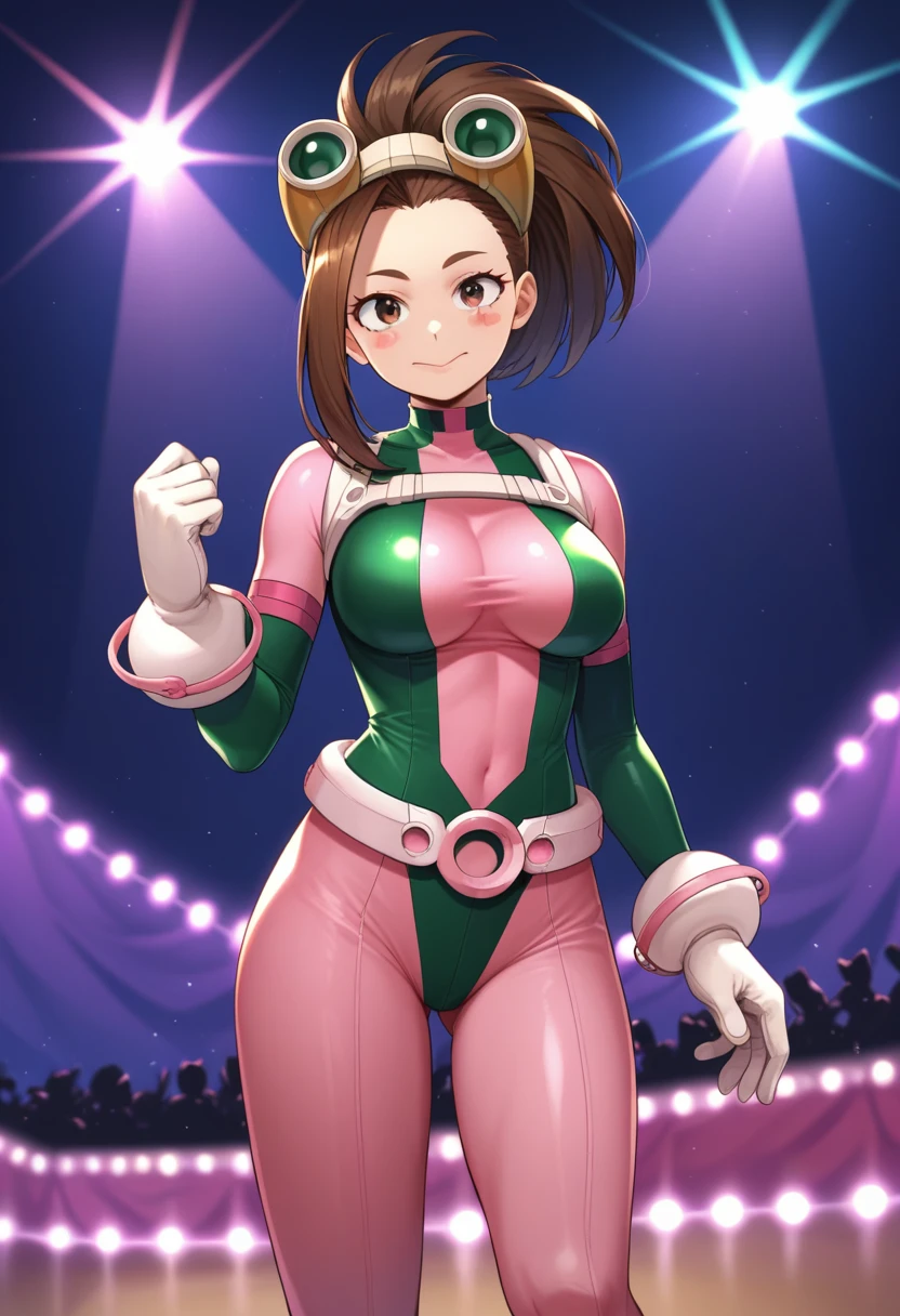 score_9_up, score_8_up, score_7_up,score_6_up, score_5_up, score_4_up , 1girl, solo, ochako uraraka, brown eyes, brown hair, short hair, blush, blush stickers, bodysuit, pink bodysuit, skin tight, superhero, asui tsuyu, black eyes, black hair, bodysuit, boku no hero academia, breasts, frog girl, gloves, goggles, green bodysuit, long hair, 1girl, yaoyorozumomo, black eyes, black hair, ponytail, long hair, hair pulled back
center opening, cleavage, red leotard, hero outfit, navel, flirting, cowboy shot, stage lights, concert, stage