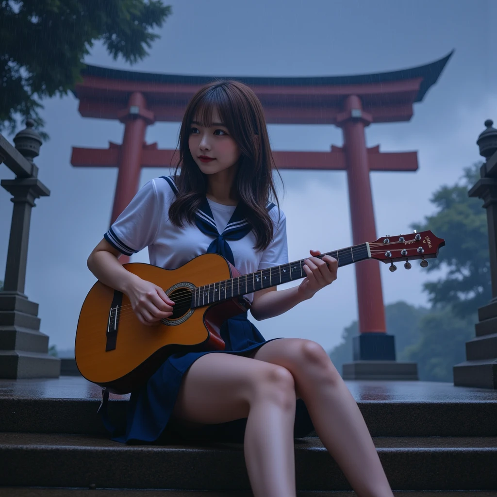 A large torii gate can be seen hazy behind a woman sitting on the stairs of a shrine ,  The large torii gate can be seen hazy behind,  Global Lighting , Front View:1.8, (Best Quality:1.4),   32k high resolution UHD  , (masterpiece:1.2),   Extremely Detailed Real Photo , (Realistic, 超Realistic:1.4),  in heavy rain  , Beautiful Japanese woman ,   Famous Beautiful Japanese Idol  ,  plays acoustic guitar:1.5, (Gibson folk guitar ), Perfect composition, Proper placement, Golden Ratio, It's not raining , midnight,  clear night sky:2.0,   full of stars, milky way, Milky Way, meteor,  anatomically correct proportions  :1.331,   has a small head :1.331,  Slender body:1.331,   Thin Waist:1.331, Thin limbs:1.331,   flat chest:1.331,   Japanese high school sailor suit   :1.21, Short sleeve clothing,  White Short Sleeve Sailor Suit  :1.21, sera fuku:1.21,  navy mini skirt , I can see her belly button ,  , Brown Hair,  The wavy hair  :1.21,  symmetrical eyes ,  Beautiful Hair Fluttering in the Wind   , 