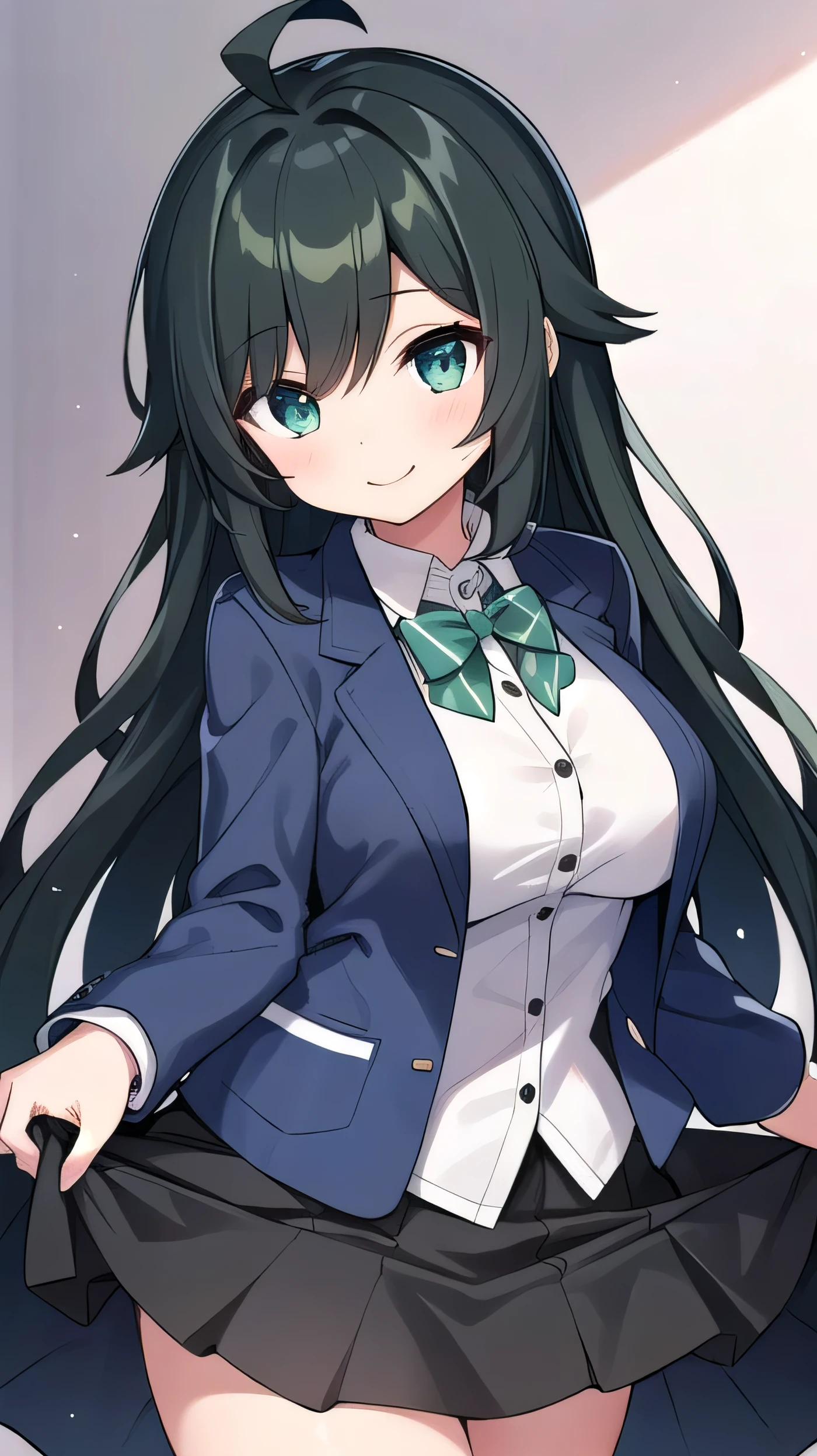 who looks like an elementary school student,l, black hair with a slight green tinge, short ahoge, beautiful long hair but with a little hair sticking out, beautiful round eyes, blue eyes, smile, boyish, long sleeves, Thick clothes, skirt, big breasts, hair longer than waist, long hair, ish face, gentle smile, a little shy, black skirt, black hair with a slight green tinge, boyish, gentle smile, jacket one size larger, ( Deep greenish black hair: 1.3)