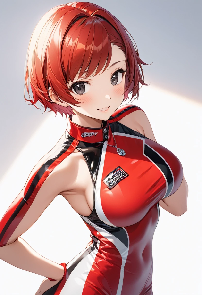 16k,1 girl,Race Queen,(((berry short cut:2.0))),(red hair,swept-back:1.7),cropped hair,hair slicked leftback,(race queen costume:1.5),skull necklace,big black eyes,long eyelashes,Muscular、Navel exposed,clevage,(F cup beautiful breasts)、25years old, (tall:1.2),height: 175cm,Sexy long legs,Fashion model body type,solo,big laugh,happy、Shy、Shyness,Cool look,blush,Anime-style painting style,A composition that shows the upper body,front view,looking at viewer,cinematic lighting,(simple white background:1.5)、(sexy:1.5) ,(closeup:1.2),dynamic angle