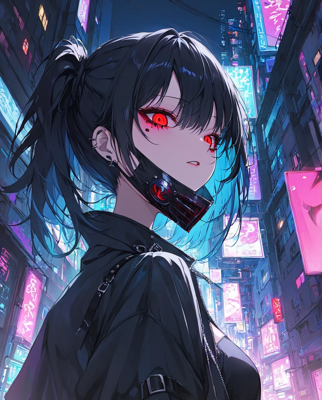 1girl,dramatic angle,Black goth punk fashion,Black hair,red eyes,half-closed eyes,(crazy eyes),ｍouth mask,perfect anatomy,body induced with black aura,beautiful skin,cyberpunk city,(during night),Neon light