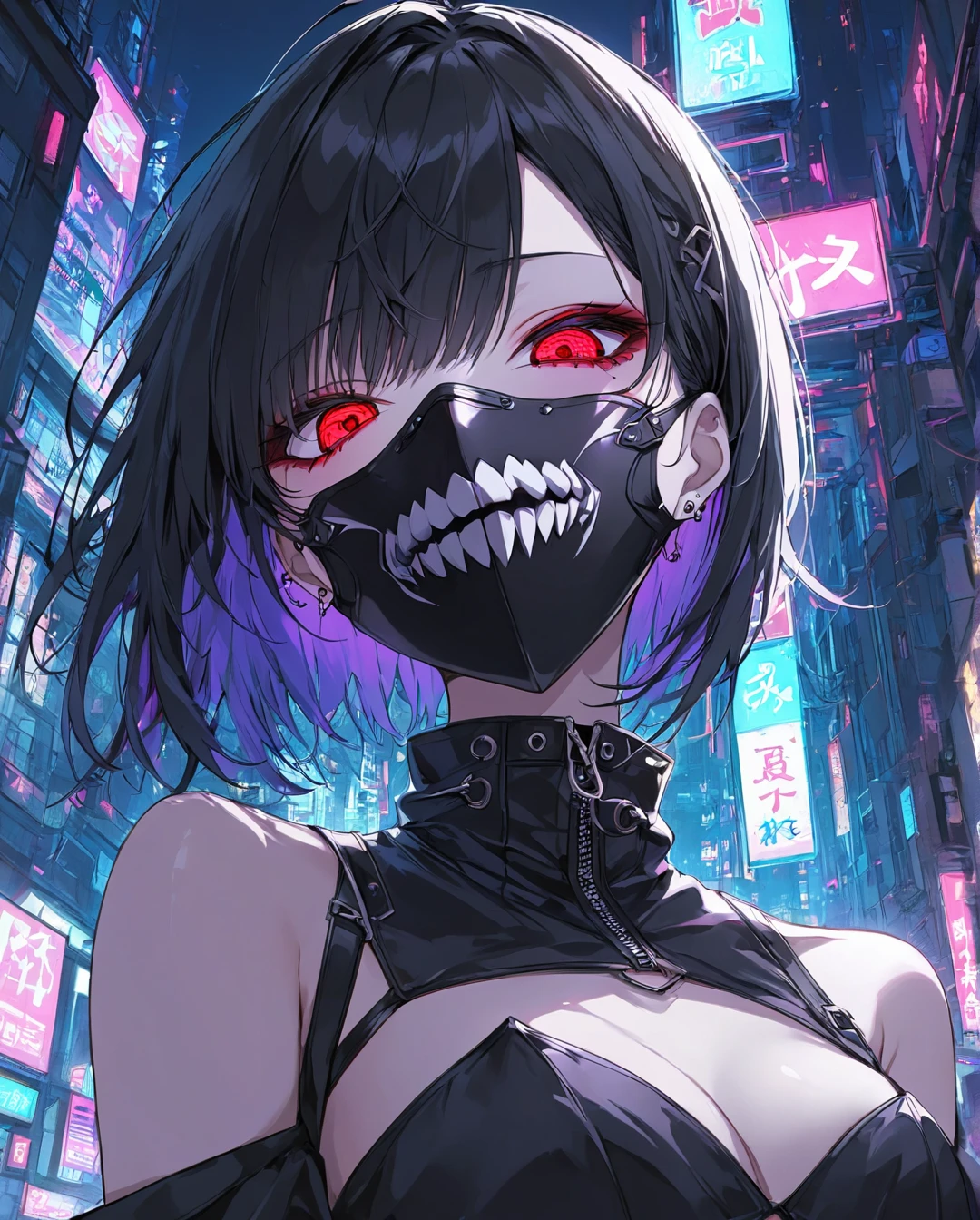 1girl,dramatic angle,Black goth punk fashion,Black hair,red eyes,half-closed eyes,(crazy eyes),ｍouth mask,perfect anatomy,body induced with black aura,beautiful skin,cyberpunk city,(during night),Neon light