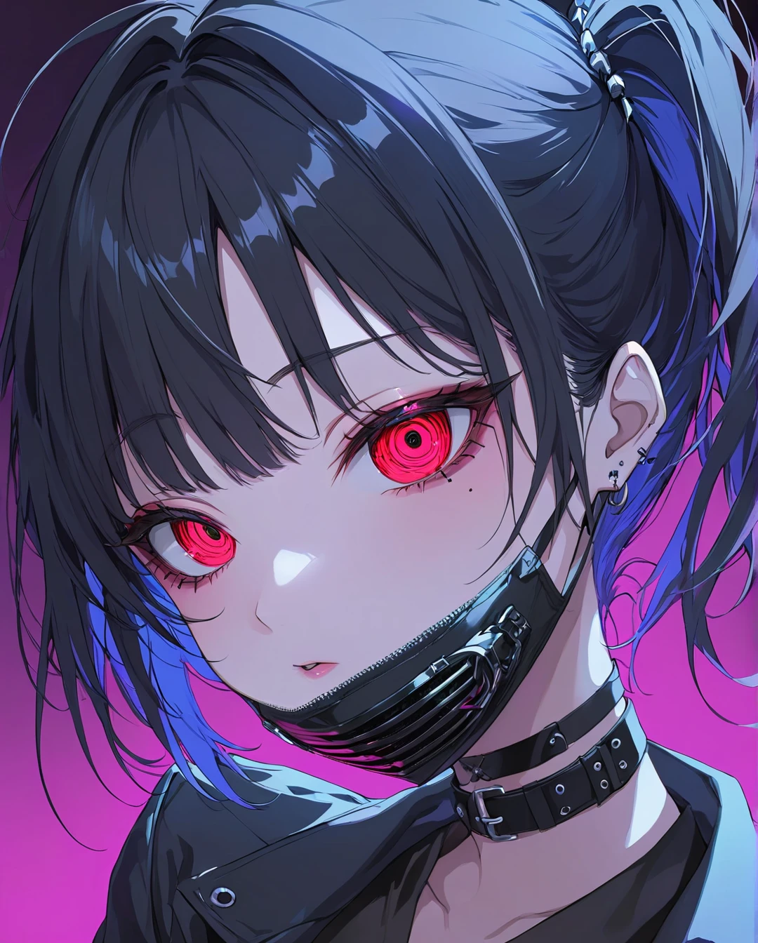 1girl,dramatic angle,Black goth punk fashion,Black hair,red eyes,half-closed eyes,(crazy eyes),ｍouth mask,perfect anatomy,body induced with black aura,beautiful skin,cyberpunk city,(during night),Neon light