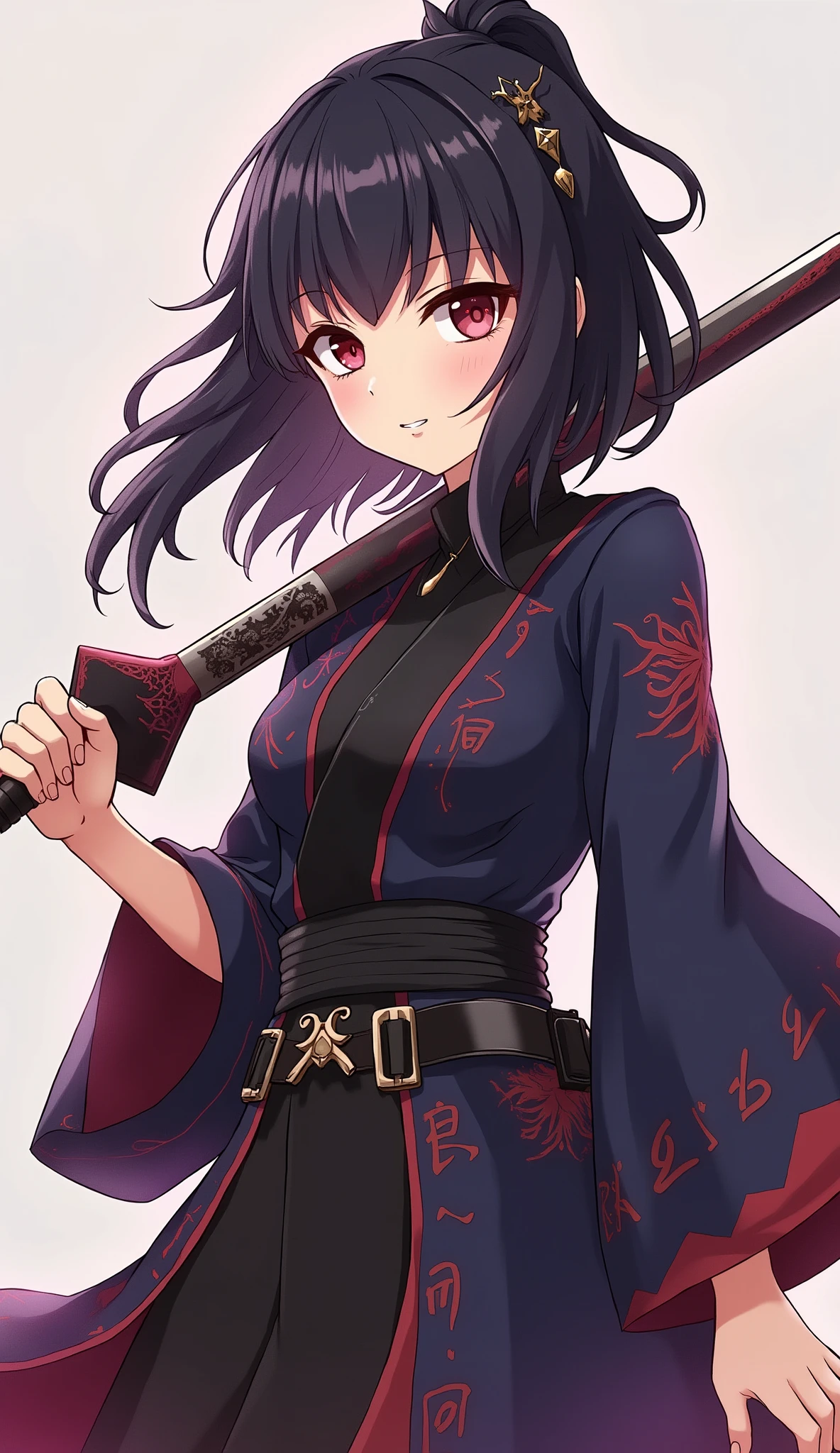It is_Shinobu, 1 girl, arms, kochou shinobu, demon slayer uniform, sword, alone, hair ornaments, butterfly hair ornaments, knife, holding arms, holding, purple hair, black hair, holding sword, kimono, Haori, colorful hair, smile, purple eyes, Upper body, short hair, empty eyes, gradient hair, long sleeve, There are no students, closed mouth, wide sleeve, sheath, Jacket,nipple,Breast exposed,