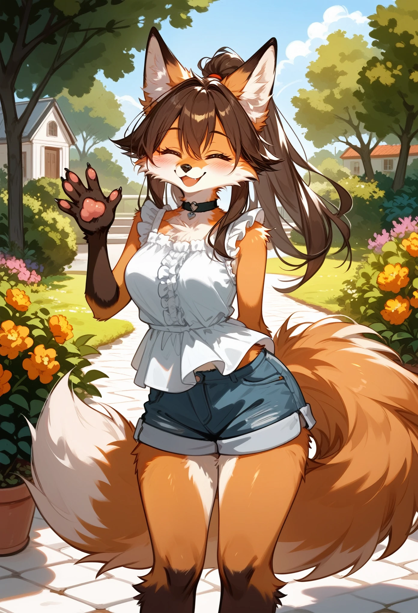 (score_9,score_8_up,score_7_up), (furry), (fox girl), mature female, orange and brown fur, brunette hair, long hair, ponytail, fox paws, pawpads, claws, closed eyes, smile, blush, medium breasts, wide hips, frilled shirt, sleeveless, shorts, choker, looking at viewer, waving, one arm behind back, outdoors, modern house, garden