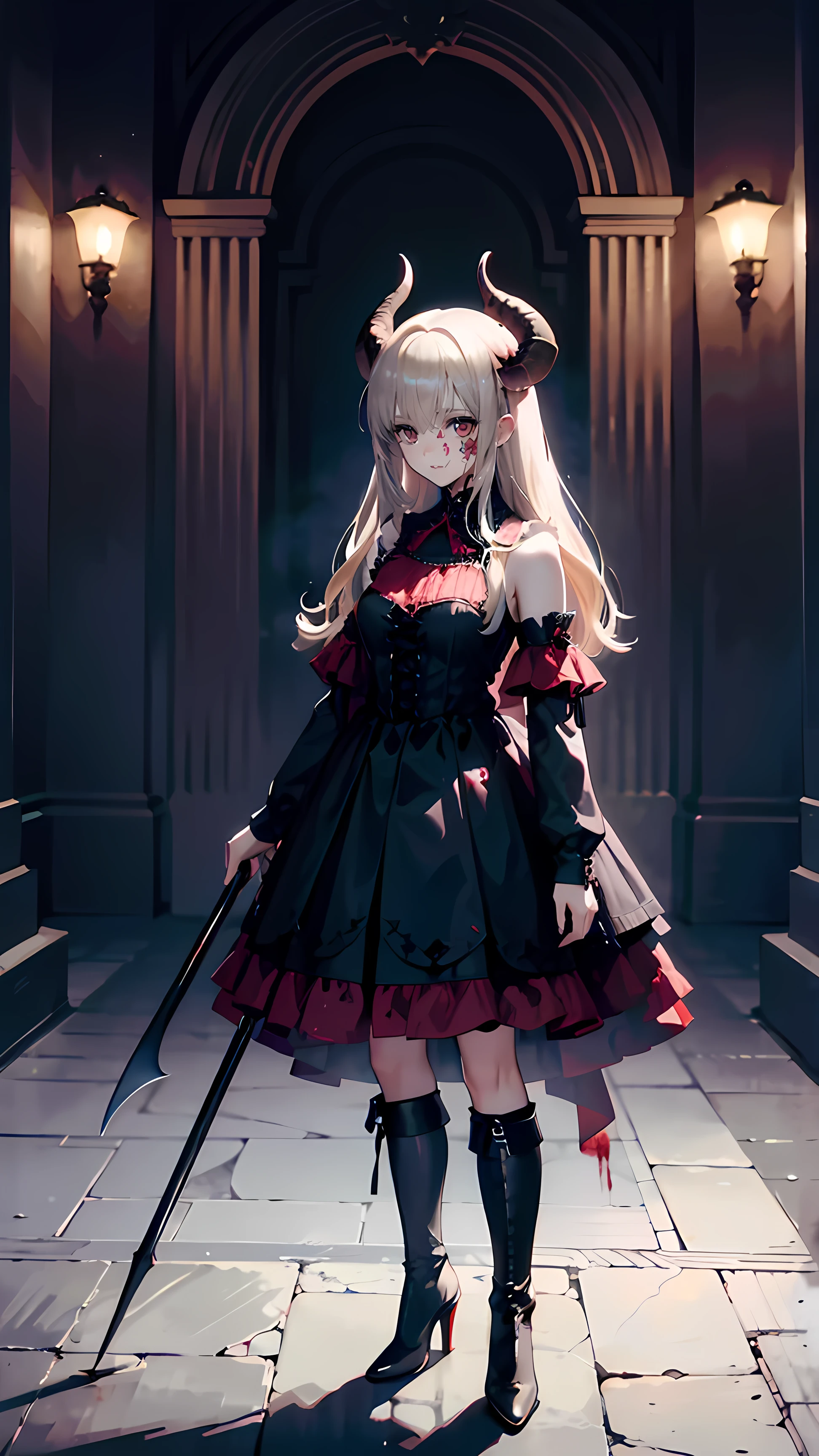 , Perfect Eyes, Soft light, High image quality, 4K resolution, masterpiece: fine skin, Attention to details, 最 High image quality, Awards, very detailed, High image quality, devil's queen、Horned goat, Gothic Dress, Living in the depths of hell, Lava flow, blue long hair , blue eyes, RED HIGH HEELS, Navy Blue Dress 、Shadow Face 、 has a weapon、 Staring at the audience with a fright expression、beautifulgirl、very cute angel、 Pink Gothic Fashion 、cute、、smile、 long skirt 、 black long boots 、.(最 High image quality,4K, High image quality,masterpiece:1.2), very detailed,Realistic:1.37, Spooky altar background ,Dark fantasy, Red Scheme ,Ominous atmosphere,Eye-catching,Dissecting the Story , anime style , This work is a masterpiece ,beautiful Attention to details顔と (((red eyes ))),A terrifying ritual ,devil's ritual,Premature death,Inappropriate behavior,crazy smile,Scythe Face,Girl Monster, beautiful delicate features, SharpEye, Sharp fangs, Pale skin, Dark Background Cinematic Lighting , Dramatic Shadows , gothic style , Eerie Atmosphere , Dark fantasy, 1 person'S, opens her mouth wide , Open Your Mouth and Bare Your Teeth , Sharp teeth like a beast , Wide lips, Very big mouth, red cheeks , ,( Blood Splatter :1.4),Scary smile, smile, angel design , TwiSted smile、Bloody、Head bleeding,,,,,、 Blood Splatter 、,( Blood Splatter :1.4),skull,devil'gun,Horror Style, (( fantasy sweet tuffle raffle pink costume that makes the audience look fearful)), ((Flowing blonde hair)), ,( Blood Splatter :1.4),Female Curves, sexy flat stomach , Perfect hands, Flawless Anime Character Faces , (Pink Tata Dress)), is standing, ((Evil smile)), ,( Blood Splatter :1.4), Steam circulation, Moonshine , Night Lighting , ( Blood Splatter :1.6),Anime angel design , TwiSted smile、Bloody、Head bleeding,,,,,、 Blood Splatter 、,( Blood Splatter :1.4), skull, Gothic architecture 、Western architecture、 Fantasy World 、,Victorian city, Skeleton Gas Light, Absurd, High image quality、 (( table top)), ((最 High image quality)), ( very detailedな), (( very detailed)), (beautiful), ((cute)), (NFSW:1.8), 1 personで,(:1.6)、(wo