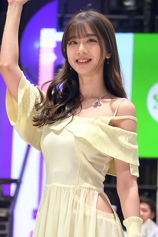 (8k、RAW Photos、Highest quality、masterpiece:1.2)、(Realistic、Realistic)、1 girl、((White off-the-shoulder dress、A sheer dress reveals her bodyline、on stage、Attention、、View from the front、smile、Looking into the camera 、smile、Upper body photo:1.5))、cute、Large Breasts、Sing with a microphone、dance、Hair that falls over the shoulders, Side Up, 