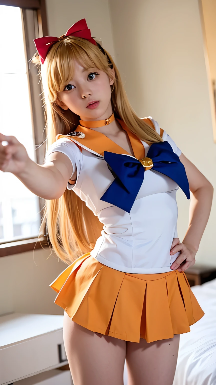   best image quality,  high resolution on down, Venus 1, ((  Japanese Women )),Alone,   sailor warrior uniform ,  white panties、 Sailor Venus pointing to viewers:1.3,  white panties、, blonde, magic ,  blue eyes,  orange skirt,   evening dress , Art ,  pleated skirt, ribbon,  orange sailor color,  orange mini skirt:1.3,  choker, 赤いribbon, オレンジ choker