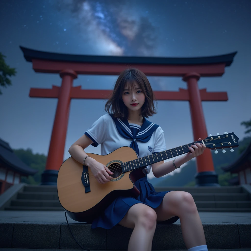 A large torii gate can be seen hazy behind a woman sitting on the stairs of a shrine ,  The large torii gate can be seen hazy behind,  Global Lighting , Front View:1.8, (Best Quality:1.4),   32k high resolution UHD  , (masterpiece:1.2),   Extremely Detailed Real Photo , (Realistic, 超Realistic:1.4),  in heavy rain  , Beautiful Japanese woman ,   Famous Beautiful Japanese Idol  ,  plays acoustic guitar:1.5, (Gibson folk guitar ), Perfect composition, Proper placement, Golden Ratio, It's not raining , midnight,  clear night sky:2.0,   full of stars, milky way, Milky Way, meteor,  anatomically correct proportions  :1.331,   has a small head :1.331,  Slender body:1.331,   Thin Waist:1.331, Thin limbs:1.331,   flat chest:1.331,   Japanese high school sailor suit   :1.21, Short sleeve clothing,  White Short Sleeve Sailor Suit  :1.21, sera fuku:1.21,  navy mini skirt , I can see her belly button ,  , Brown Hair,  The wavy hair  :1.21,  symmetrical eyes ,  Beautiful Hair Fluttering in the Wind   , 