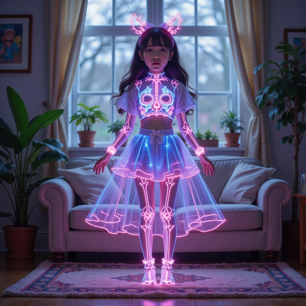 GGGJAAA,figure costume in the shape of neon skull glass,(( is the best quality, masterpiece)), (( style - spinning magic):0.5), 1 Girl, ****ta_skirt ,  , living room, Plants by the window ,  blush , Open your mouth,