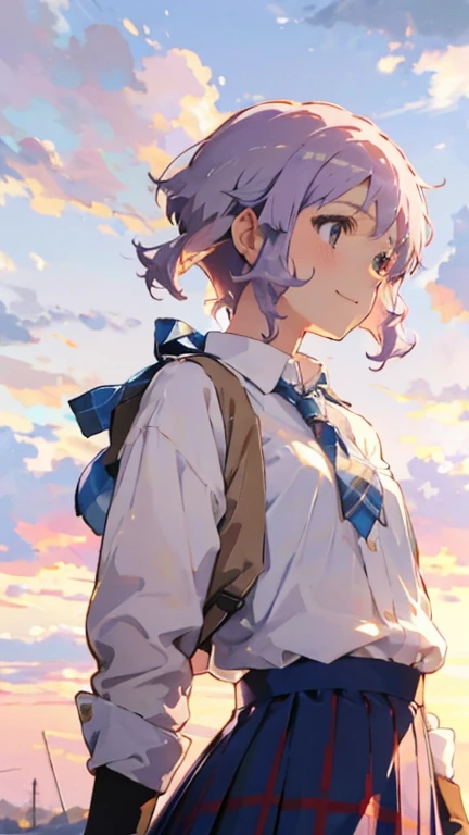 One person、Small breasts、 Slim Body 、smile、 profile、 light purple hair、 short hair 、(Hair between the eyes)、（ white blouse shirt :1.2、 tartan check skirt ）、Upper body close-up、Golden hour sky