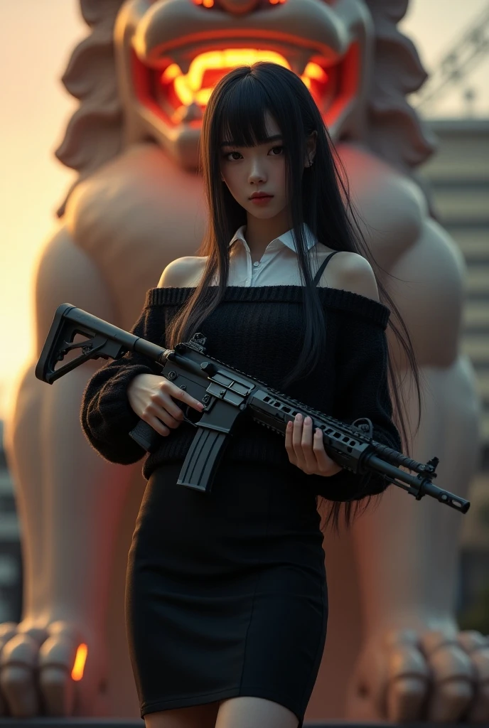 Best quality, masterpiece, ultra high res, (photorealistic:1.4), raw photo, Japanese girl, white skin, cinematic lighting, long hair, black off shoulder straight collar sweater with white long sleeve buttoned shirt on the inside, necktie, pencil skirt, high heels, holding an red and gold color M4 rifle, giant japanese lion statue with flame breath