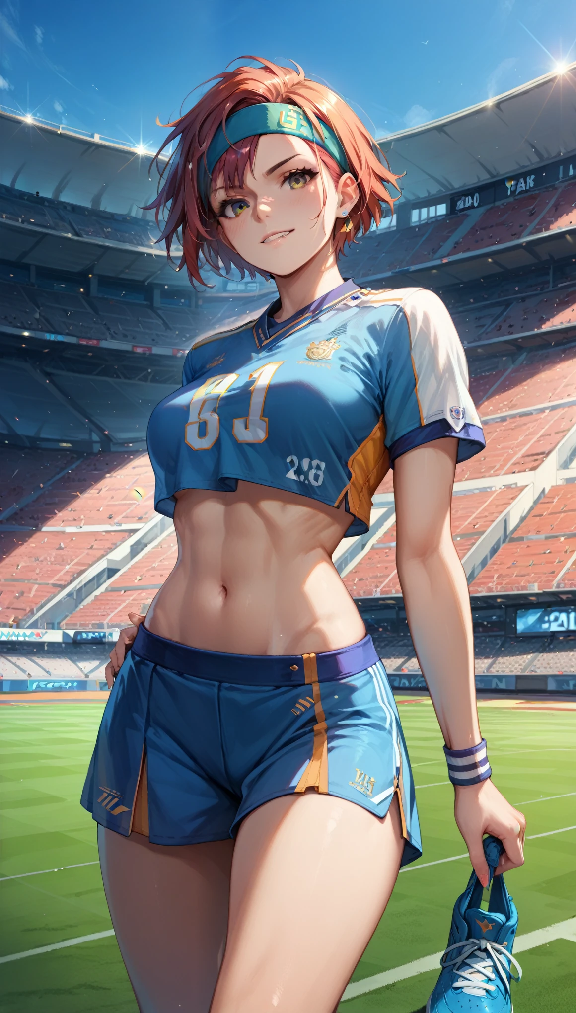 ((Looking at me sideways)), athletics girl, short hair, belly-baring uniform, tilting head, grace, sexy, ((attractive body)), ((20-year-old girl)), mischievous face, stadium, headband, nsdw,