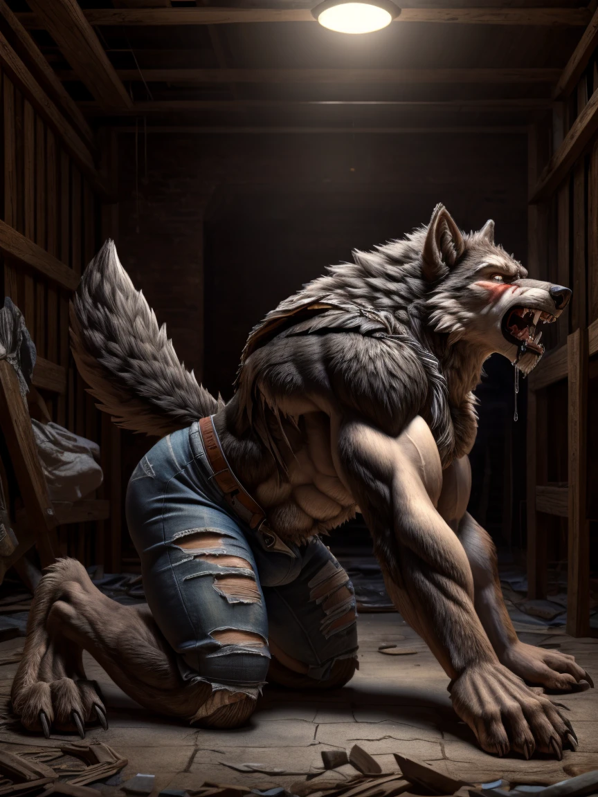 ((  is the best quality)), (( masterpiece )), ((4K)) (((  alone ))), Werewolf，Gray Wolf,  perfect face  ，(((pain, facial pain， drastic changes ，Focused expression)))， alone ，Masculine charm ，Endocrine ， delicate eyes  ,wolf eye ， palms into claws ，Recurve legs ，( Muscular development)，(Broad bust )，( Ripped shorts  )， howling then looking up ,(  detailed torso  )，((( Toe line  ))),( Lie on the ground with all fours )，Mid-term transformation，basement，介于人类和Werewolf之间，( Chest enlargement  , hip bulge)，(Side View)，two pictures，Transformation process ，Drooling