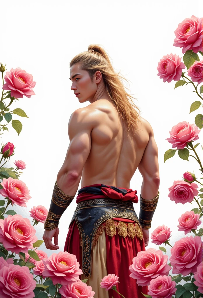  watercolor style 、digitalart、 Very Handsome Man  、Long blonde hair,  blue eyes ,stand,Very white ,Super cute guy ,to reveal、It is true,Korean guava mix ,, twenty years old, dummy, thick, very big muscles, Bright white background ,ใส่ชุดสีแดงทองดำใส Arabian Warrior Aradin Costume , Random gesture , half image,Turn your back on the camera ,In the middle of the rose grove
