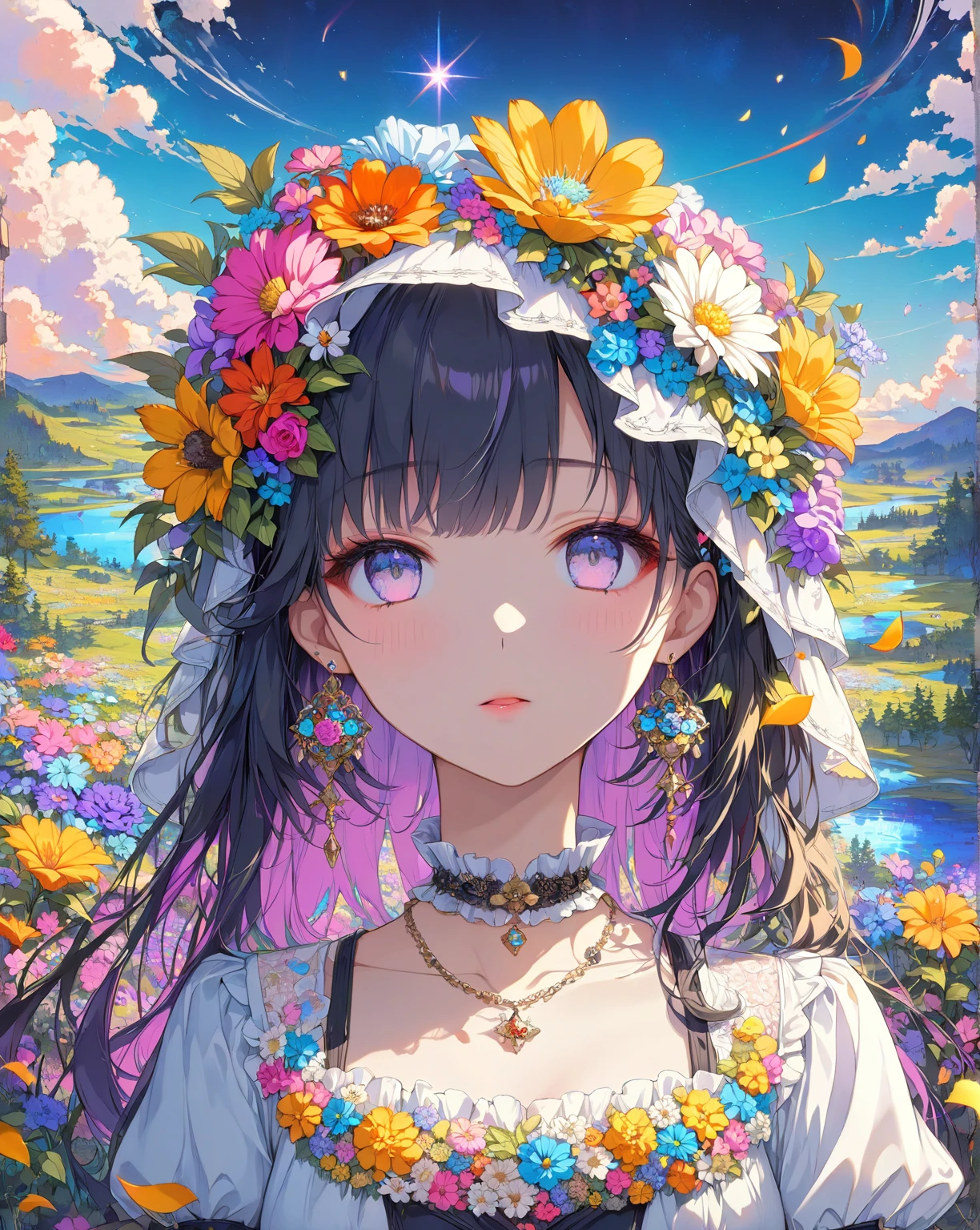 1girl,cowboy shot、Shiny hair, （cold steely eyes）、red blush、hair clips, earrings, a necklace,(masterpiece, top quality, best quality, official art, Beautiful and beautiful:1.2), (1 girl),extremely detailed,(fractal art:1.3),rich and colorful,most detailed (Nostalgic landscapes:1.5),(colorful flower:1.5),（Lighting in front, bright skin）Garden、bright colour,Beautiful cloud, Dusk sky,masterpiece,best quality,ultra detailed,8k portrait,unity 8k wallpaper,super fine illustration