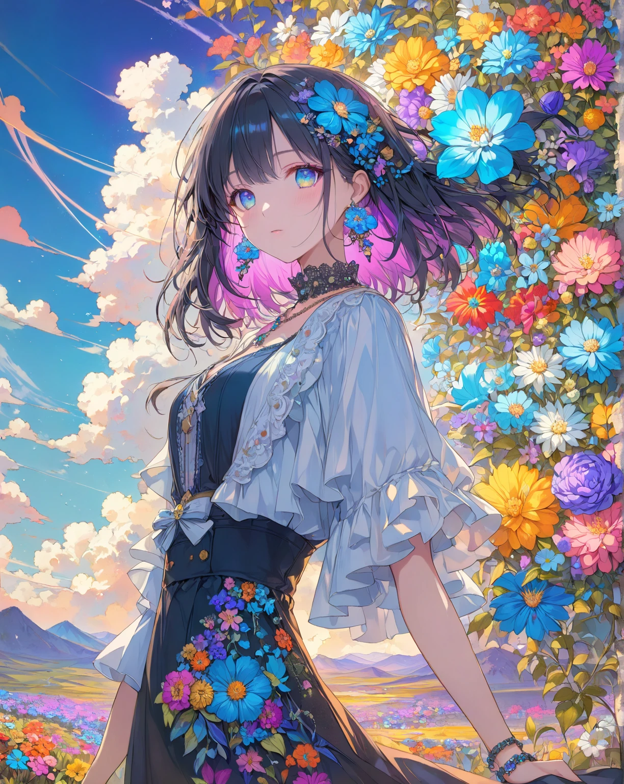 1girl,cowboy shot、Shiny hair, （cold steely eyes）、red blush、hair clips, earrings, a necklace,(masterpiece, top quality, best quality, official art, Beautiful and beautiful:1.2), (1 girl),extremely detailed,(fractal art:1.3),rich and colorful,most detailed (Nostalgic landscapes:1.5),(colorful flower:1.5),（Lighting in front, bright skin）Garden、bright colour,Beautiful cloud, Dusk sky,masterpiece,best quality,ultra detailed,8k portrait,unity 8k wallpaper,super fine illustration