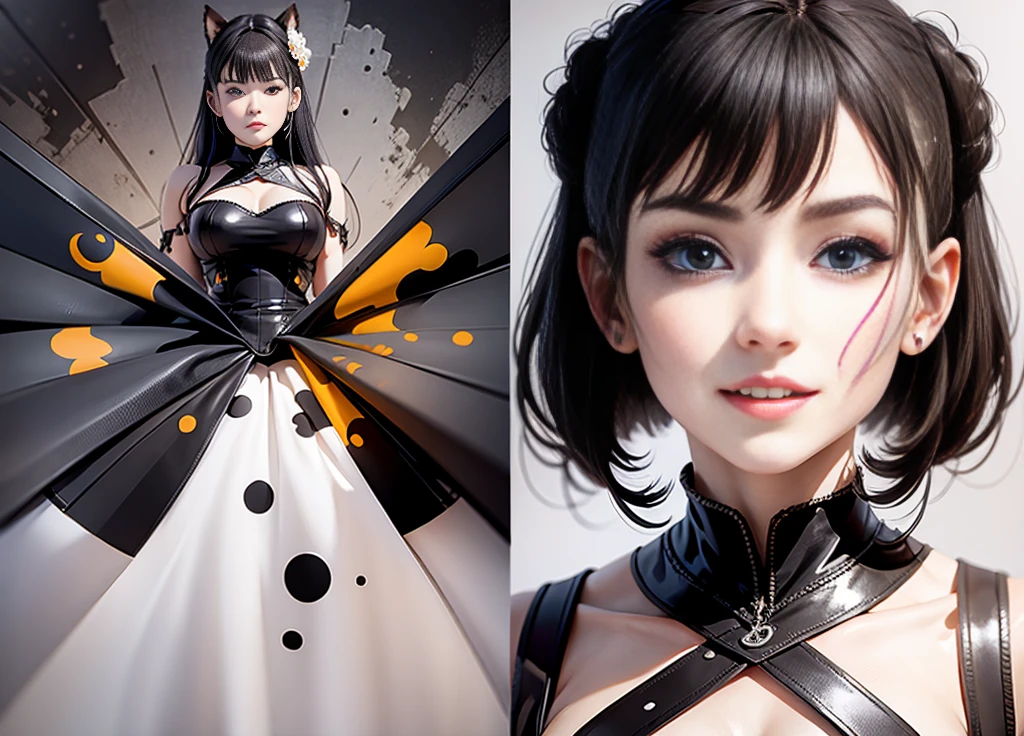 ((masterpiece), (absurdres), (absolutely resolution), on), happy laughing, (stunning face, symmetrical clear eyes, detailed eyes and face, detailed body, on), CHARACTER TURNAROUND SHEET,THREE-VIEWDRAWING,FULL BODYSHOT,GAMECHARACTER DESIGN,BYXIAOFEIYUE,Girl ,VICTORNIZO∨TSE∨,ORANGE BACKGROUND,:12 -- Wear expressive 