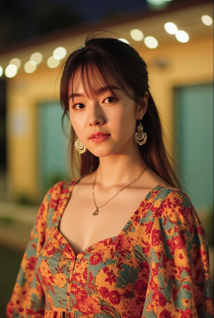 Gorgeous ginger-haired Asian woman with freckles. 32 years old, wearing colorful and vibrant bohemian patchwork clothing. Beautiful face typical of East Asian women, delicate skin, delicate outfit, medium full shot. Night. In front of a colorful Mediterranean house. Premonition of a wonderful night's events on the journey.