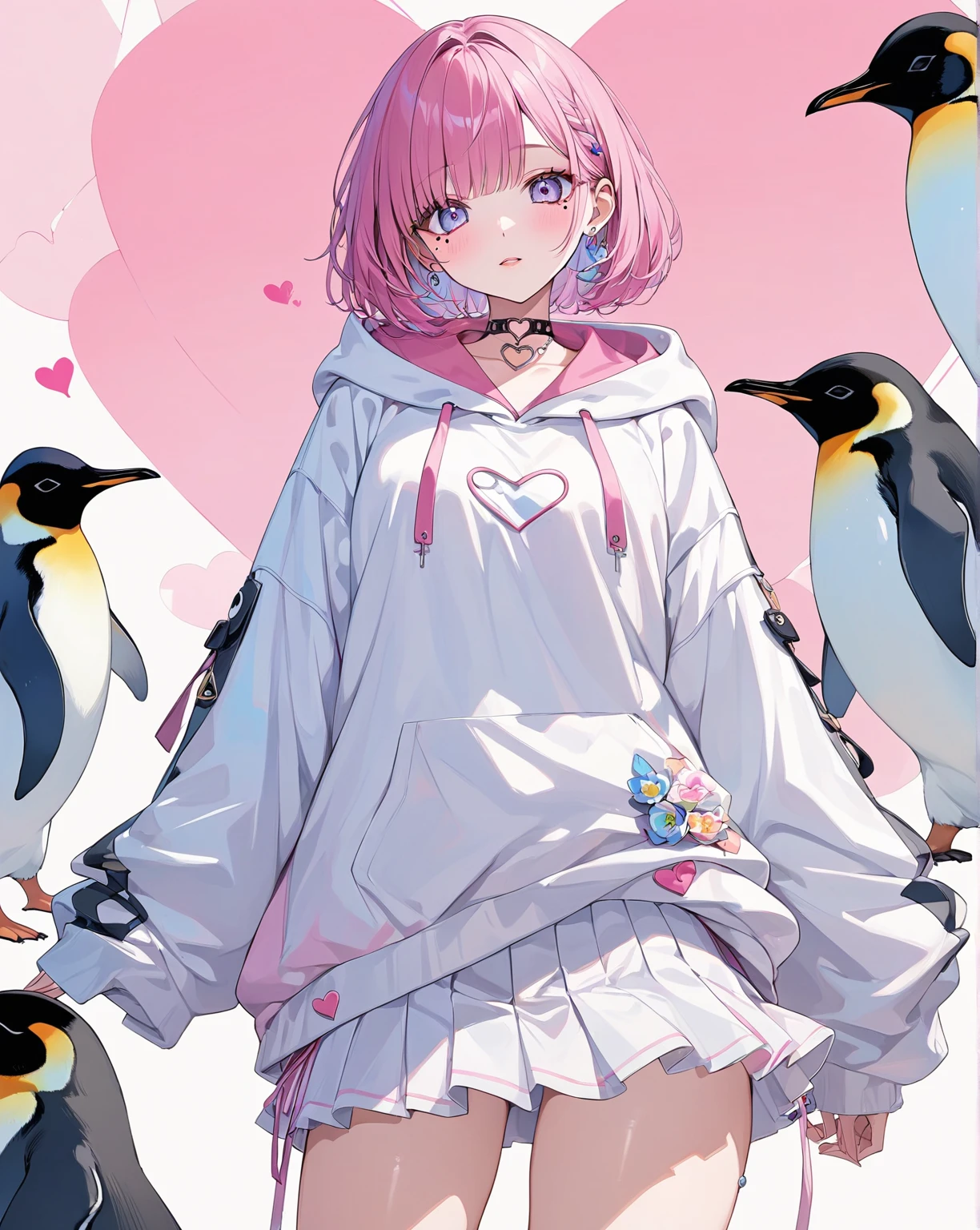 1girl,mole under eye, heart shaped choker, (masterpiece, highest quality), official art, beautiful and aesthetic: 1.2), (1 girl), very detailed, (geometry art: 1.3), colorful、pink bob hair、Penguin hoodie shirt、mini skirt