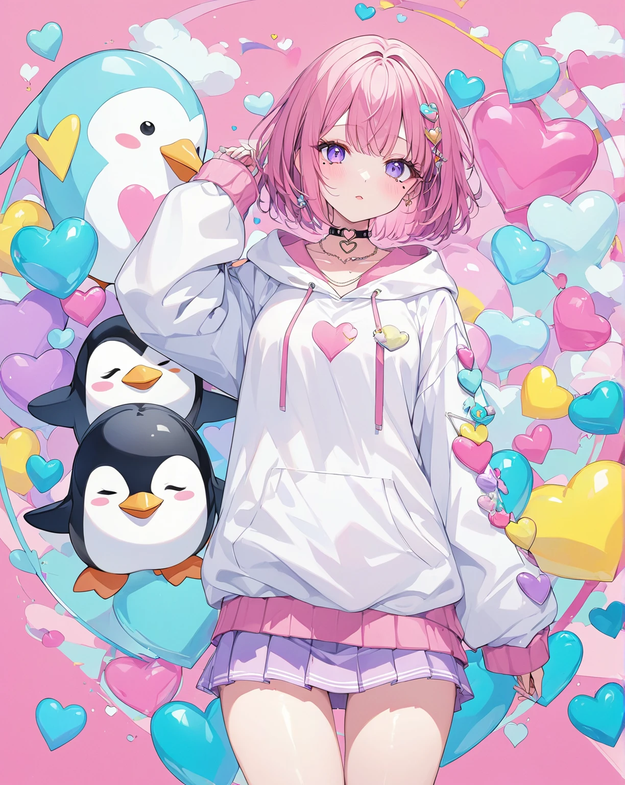 1girl,mole under eye, heart shaped choker, (masterpiece, highest quality), official art, beautiful and aesthetic: 1.2), (1 girl), very detailed, (geometry art: 1.3), colorful、pink bob hair、Penguin hoodie shirt、mini skirt