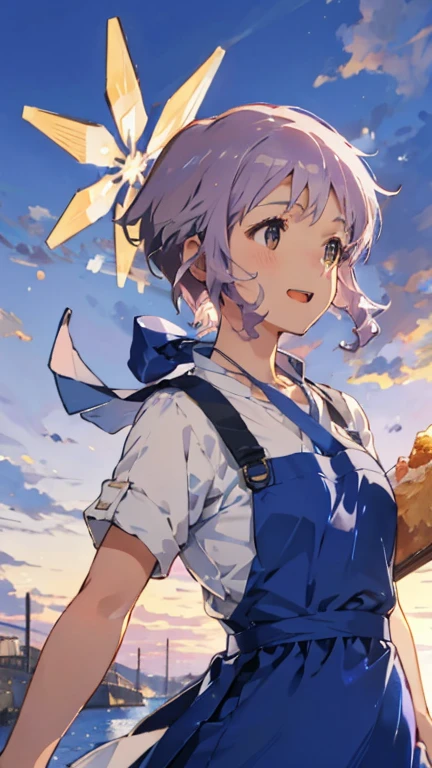 One person、Small breasts、 Slim Body 、smile、 profile、 light purple hair、 short hair 、(Hair between the eyes)、 1 girl,  medium chest,
Kobeya uniform, Blue Skirt , Blue Necklace, gingham apron, Bakery,
Dutch Corner,  upper body,  facing sideways, 寂しそうなsmile,   open your mouth ,
Best Quality,medium quality,