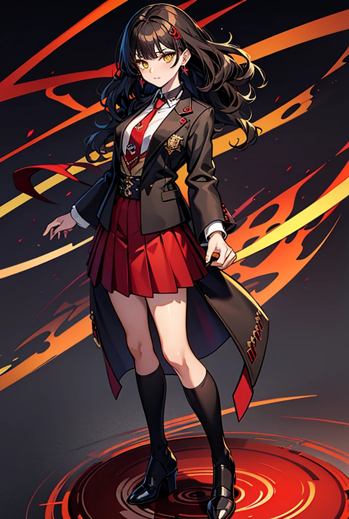 yellow eyes, black hair, wavy hair, red inner hair,  black shirt formal,red jacket, jeweled earrings, red skirt ,  necktie,高いディテール, ソロ, full body