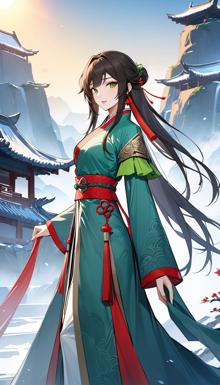 Best Quality、masterpiece、 Ultra Hi-Res 、Sun Shangxiang、（The Sun-Shang-Xiang ）、Three Kingdoms、 location is designed based on Shu and Kure 、woman、 red and green