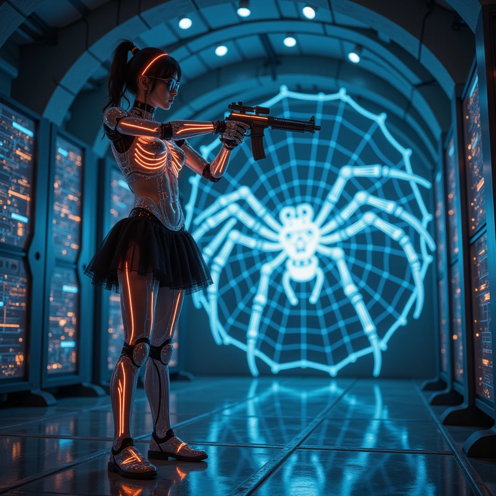 GJGJAA,figure costume in the shape of neon skull glass,(Wide and high angle view from first floor). At dark night, in a sci-fi conceptual transparent dome-shape multi-storey AI Research Center with IC-like glass floor, an incomplete holographic side-view giant spider in the background, fractal, flickering into existence, not fully formed, futuristic simple blue outlined computer servers are arranged in centric form, connected to the vibrant spider legs, a huge spider web with flashing lights is on the wall in the background, natural lights are from the top of the screen. Floating high-resolution OLED GUI interfaces, transparent data visualization infographics, very close-up:2.0 Matrix style glowing cascading code. At night, (1 robotic woman with mechanical arms, solo, alone), photorealistic, large-breast slim:0.6 body, (pale baby face illuminated by strong:2.0 artificial light, strong lighting on her face), self-illuminated hair band, cleavage:1.1, half-transparent black tulle miniskirt, glove, G-string panty, self-illuminated rainbow skeleton clothes, (Matrix style black micro sunglasses), (aiming the viewer with an short gun), standing to the left of the screen in the foreground, (((very close-up:2.0 shot of front view half-body thigh level in the foreground, illuminated by strong:2.0 artificial light))), cinematic lighting, ray tracing.