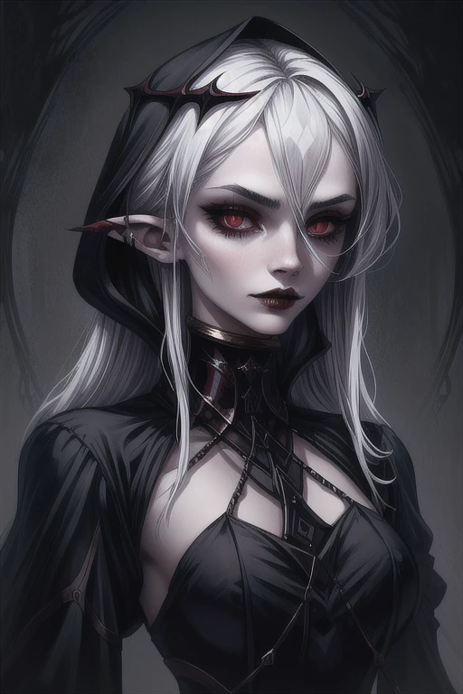 Woman with white hair and red eyes in black outfit, Vampire Girl, Dark, But detailed digital art, dark fantasy style art, Portrait of a vampire, androgynous vampire, Dark art style, style of charlie bowater, gothic horror vibes, tom bagshaw artstyle, gothic art style, dark fantasy portrait, neoartcore and charlie bowater