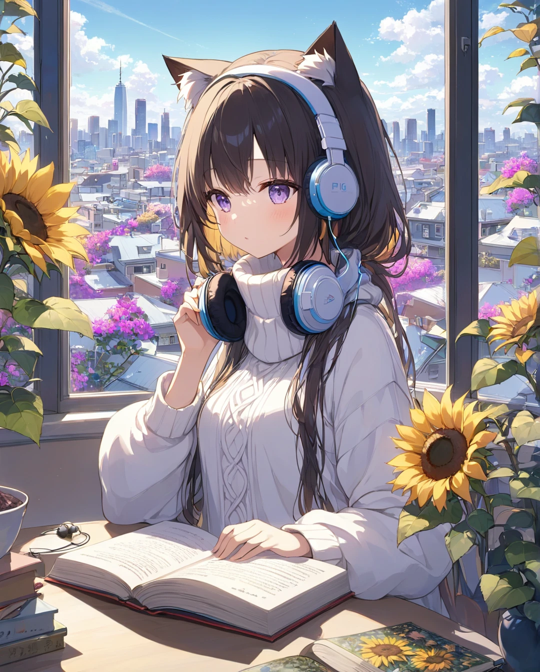 1girl,Detailed Anime Girl, Wearing a large sweater, Wearing headband headphones, praise, Quiet, Quiet atmosphere, cold, Reading Books in her living room, Large windows overlooking the city, City view from outside, Quiet Night, cat, masterpiece of the highest quality, big sunflower, fig, Bougainvillea, flower, Books