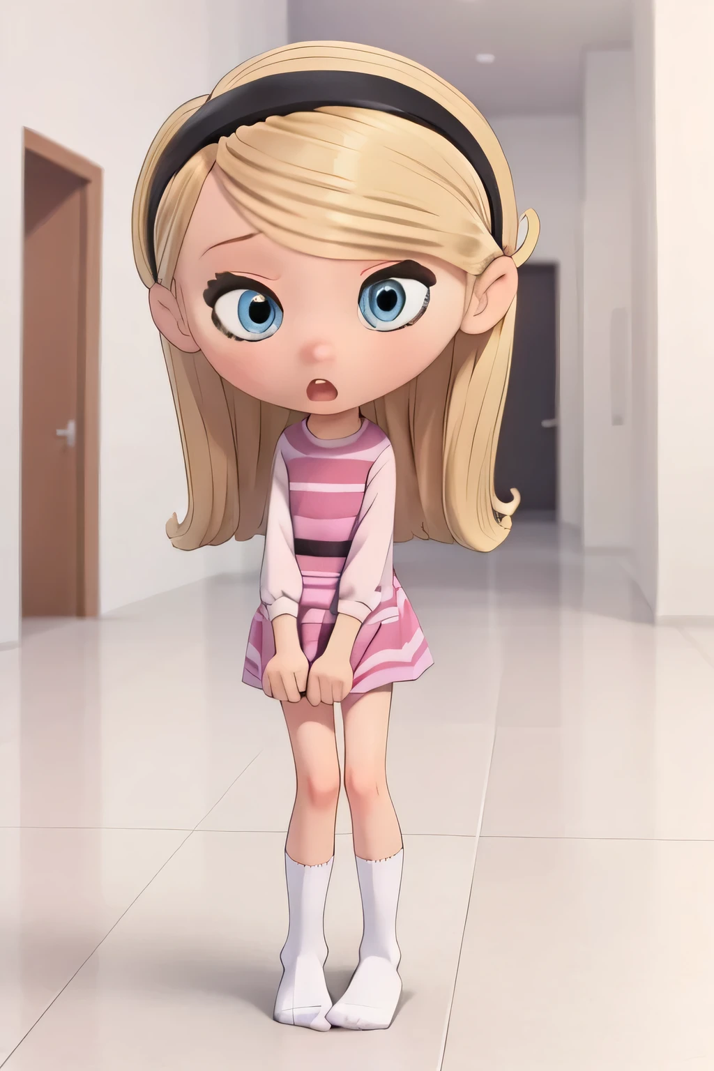 (masterpiece), (best quality), 1girl, full body, beautiful, very young, , long hair, blonde hair, hairband, pink dress, blue eyes, white tube socks, no shoes, cute, shocked, surprised, panties, white underwear, panty shot, exposed, clothes tug, upskirt, skirt up, showing her underwear,