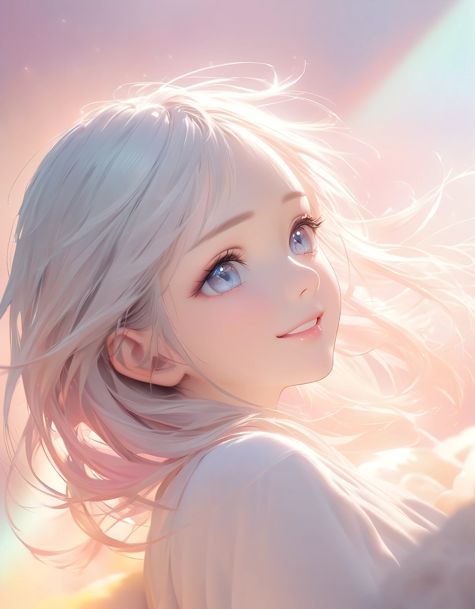 nice beautiful woman, smile, shy, light makeup, large proportion, background soft color scheme, soft and fluffy soothing effects, shading effects, magic gradation effects, (ultra detailed, Absolute resolution, Best Quality:1.3), 2.5D, delicate and dynamic, artistic photography, Hyper realistic, CG graphic digital art
