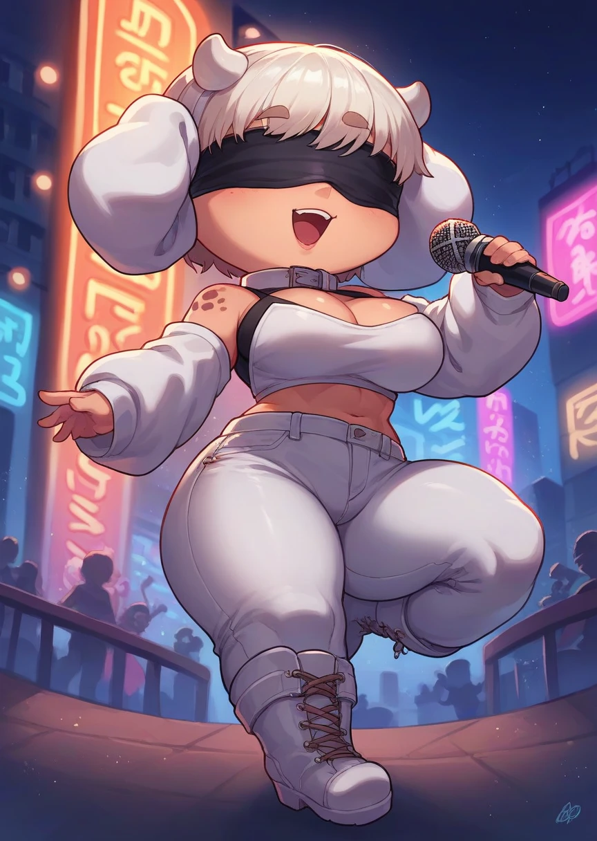  a girl, Alone, poppylol, Chibi, colored skin, city, night, neon lights,  big breasts,  poolera with white collar and sleeves, white pants white boots ,  blindfolded, singing, Dancing, microphone, Pronouncing  "a"