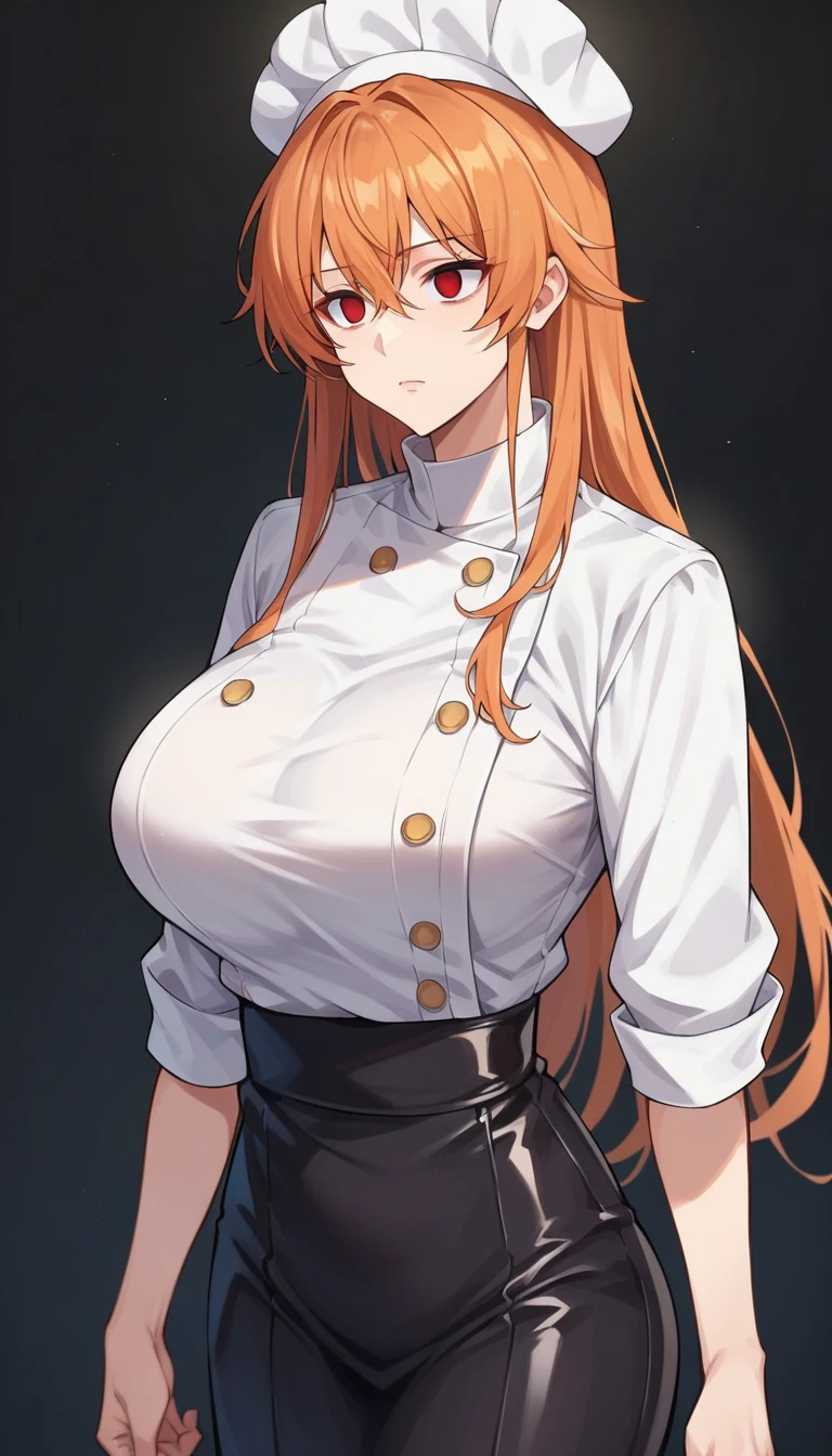 score_9, score_8_up, score_7_up, score_6_up, score_5_up, score_4_up, BREAK source_anime,1girl,erina nakiri, long hair, orange hair, hair between eyes,(Red eyes), glowing eyes,Huge breasts,((empty eyes)),Expressionless,(stand up), ((Black latex chef uniform 1.2)), cowboy shot, black background, simple background,