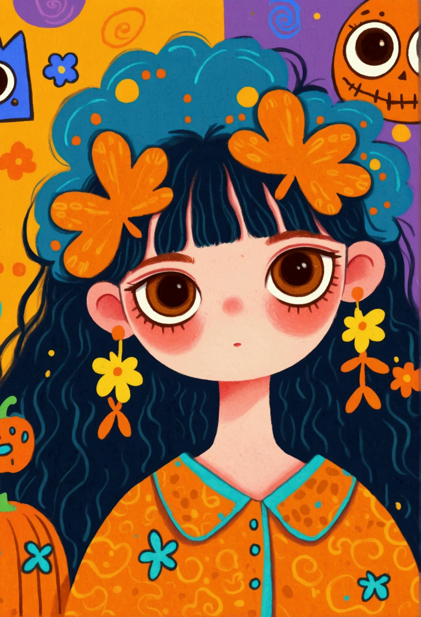 A painting：  cute, Hand drawn cartoon style, 🍂  cute,  colorful illustration , Pumpkin Head,  detailed fan art , 2d illustration, 2d illustration, Lo-Fi Girl, Orange Head,  cute detailed artwork