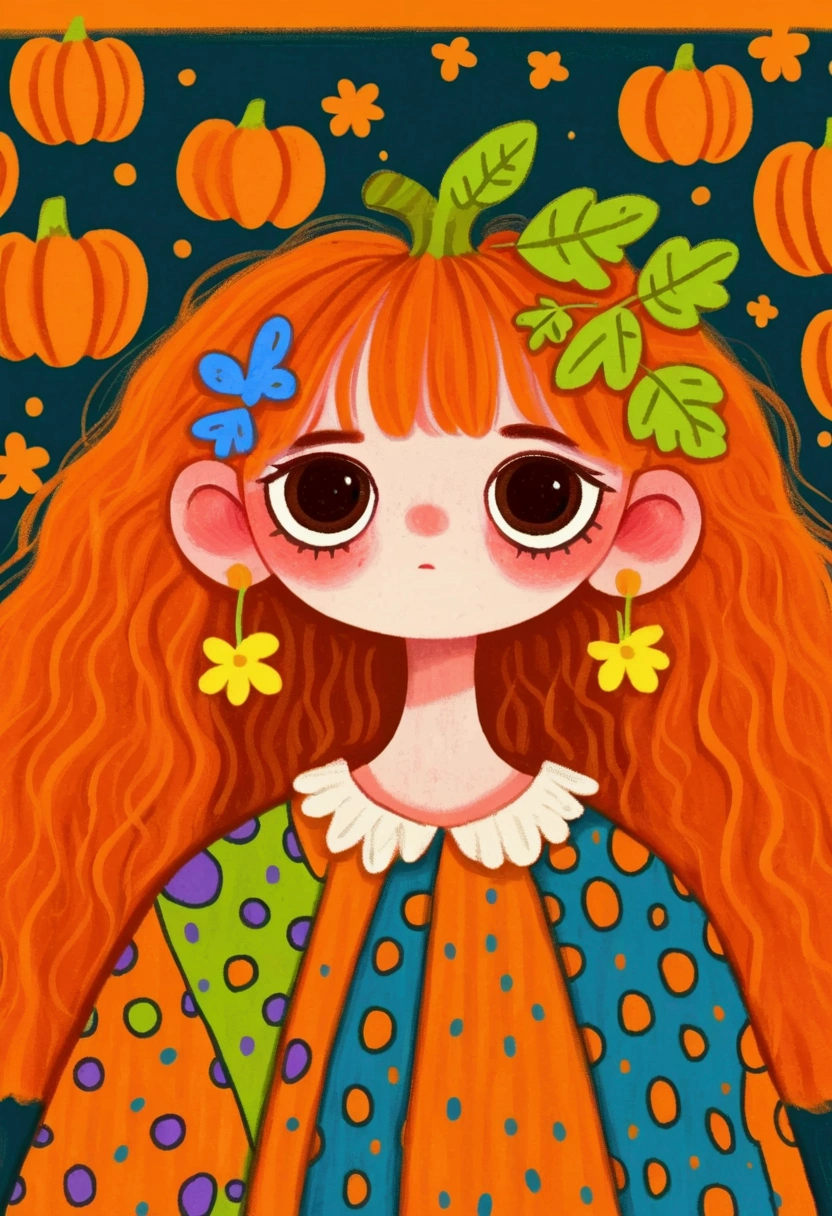 A painting：  cute, Hand drawn cartoon style, 🍂  cute,  colorful illustration , Pumpkin Head,  detailed fan art , 2d illustration, 2d illustration, Lo-Fi Girl, Orange Head,  cute detailed artwork