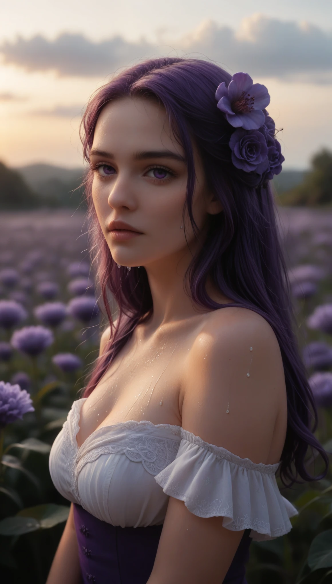 
A hyper-realistic, emotionally charged portrait of a woman inspired by Ophelia, embodying grace and elegance with a touch of melancholy. Her image is enveloped in soft, diffused lighting, casting gentle shadows that create a dreamlike, almost ethereal atmosphere. She is dressed in flowing, delicate fabrics in shades of purple and violet, symbolizing the beauty and subtle sorrow of the purple violet flower. Her long hair cascades softly around her, partially wet, as if she has emerged from water, catching the light in subtle highlights. Her gaze is distant, thoughtful, with a faint, melancholic expression that hints at unspoken emotions and depth.

The background is blurred, awash in tones of lavender and deep violet, evoking a sense of mist and mystery, as if she is surrounded by a cloud of mood. Small purple violet flowers float gently around her, some tangled in her hair, adding a touch of symbolism and fragile beauty to the composition. The color palette is soft yet rich, blending hues of purple, lavender, and gentle blues, creating a cohesive atmosphere that captures both the grace and tragedy of Ophelia. The overall effect is hauntingly beautiful, with a perfect balance of realism and fantasy, drawing viewers into her world and the emotions she silently conveys.