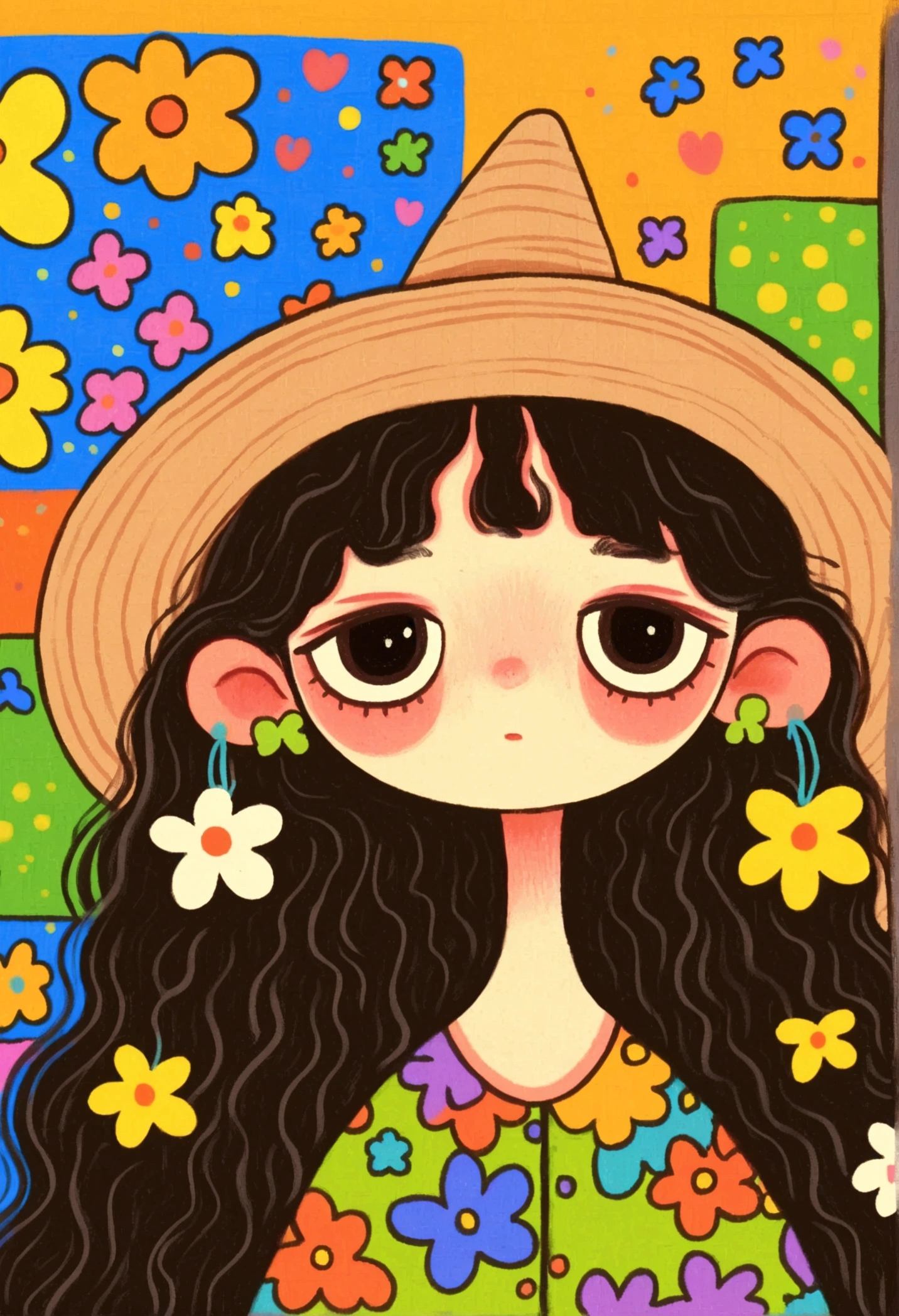 A painting of a girl with long hair wearing a hat, Hand drawn cartoon style, Lovely art style,   colorful illustration , Cartoon cute ,  cute illustration, Whimsical Portraits, Lo-Fi Girl,