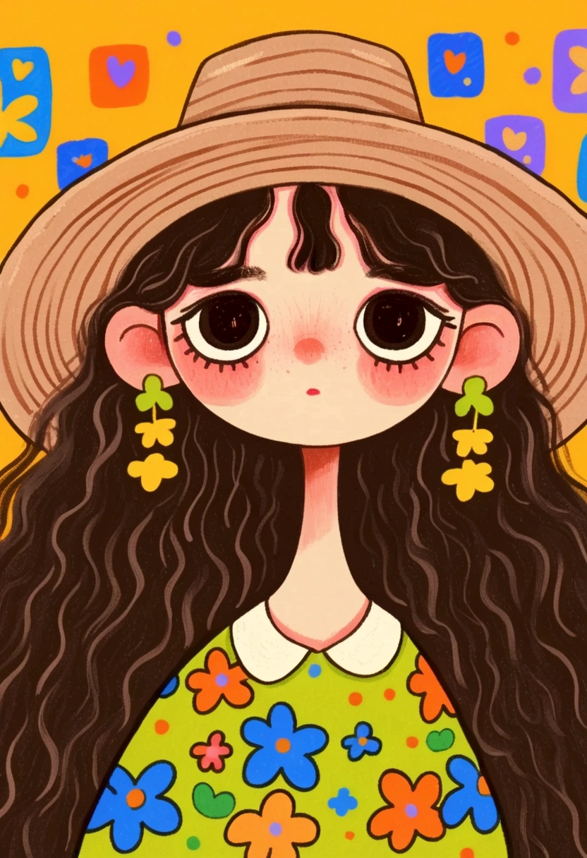 A painting of a girl with long hair wearing a hat, Hand drawn cartoon style, Lovely art style,   colorful illustration , Cartoon cute ,  cute illustration, Whimsical Portraits, Lo-Fi Girl,