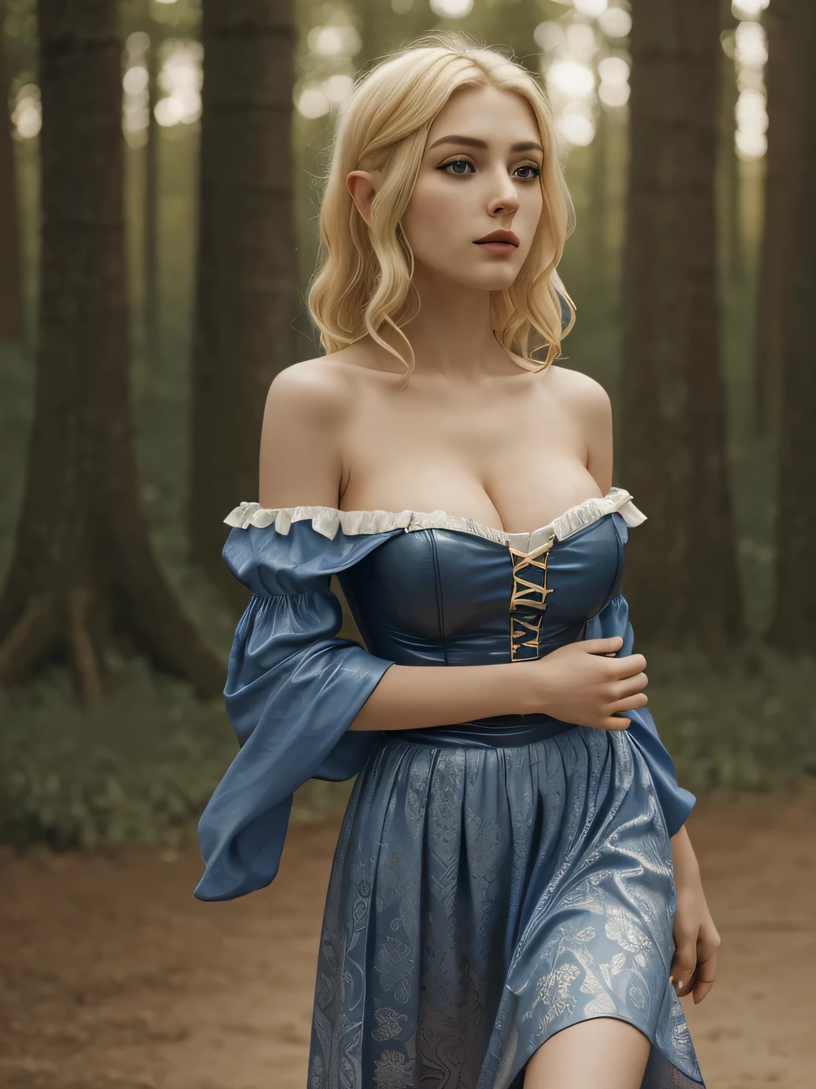 1girl in, age21, Eva Elfie, photo of perfect woman, portrait, looking straight at camera, 5'3", Solo, Aesthetic artwork, (blond, straight blonde hair, shoulder length blond hair:1.25), (clear skin, pale skin, medium breasts, B-cup, runners body, athletic, thin waist, skinny, detailed skin texture), (blank background, plain background, blank wall, (wearing a body-hugging Blue peasant dress, A Blue off the shoulder, long blue floor length skirt, strapless ), (Brown leather corset, Cleavage), (extremely detailed 8k wallpaper), evening outdoor lighting, high quality, film grain, Fujifilm XT3 sharp focus, f 5.6, 50mm, High Detail, Sharp focus, (natural light), crazy details, complex details, hyper detailed