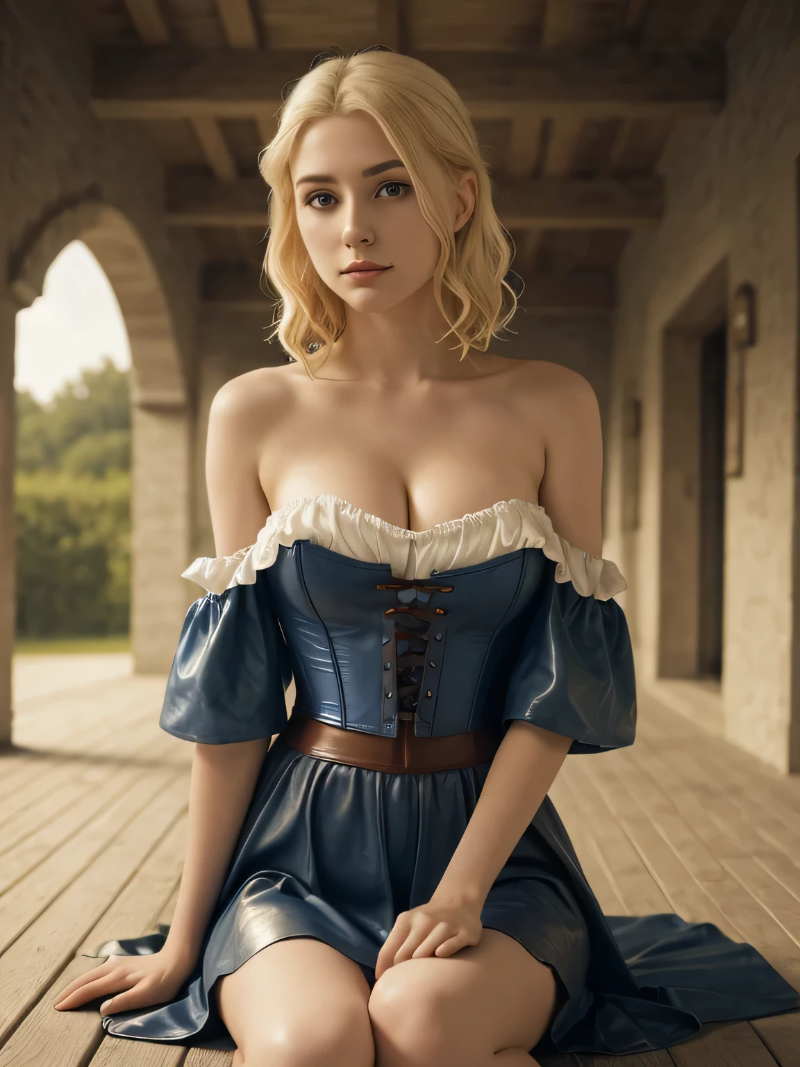 1girl in, age21, Eva Elfie, photo of perfect woman, portrait, looking straight at camera, 5'3", Solo, Aesthetic artwork, (blond, straight blonde hair, shoulder length blond hair:1.25), (clear skin, pale skin, medium breasts, B-cup, runners body, athletic, thin waist, skinny, detailed skin texture), (blank background, plain background, blank wall, (wearing a body-hugging Blue peasant dress, A Blue off the shoulder, long blue floor length skirt, strapless ), (Brown leather corset, Cleavage), (extremely detailed 8k wallpaper), evening outdoor lighting, high quality, film grain, Fujifilm XT3 sharp focus, f 5.6, 50mm, High Detail, Sharp focus, (natural light), crazy details, complex details, hyper detailed