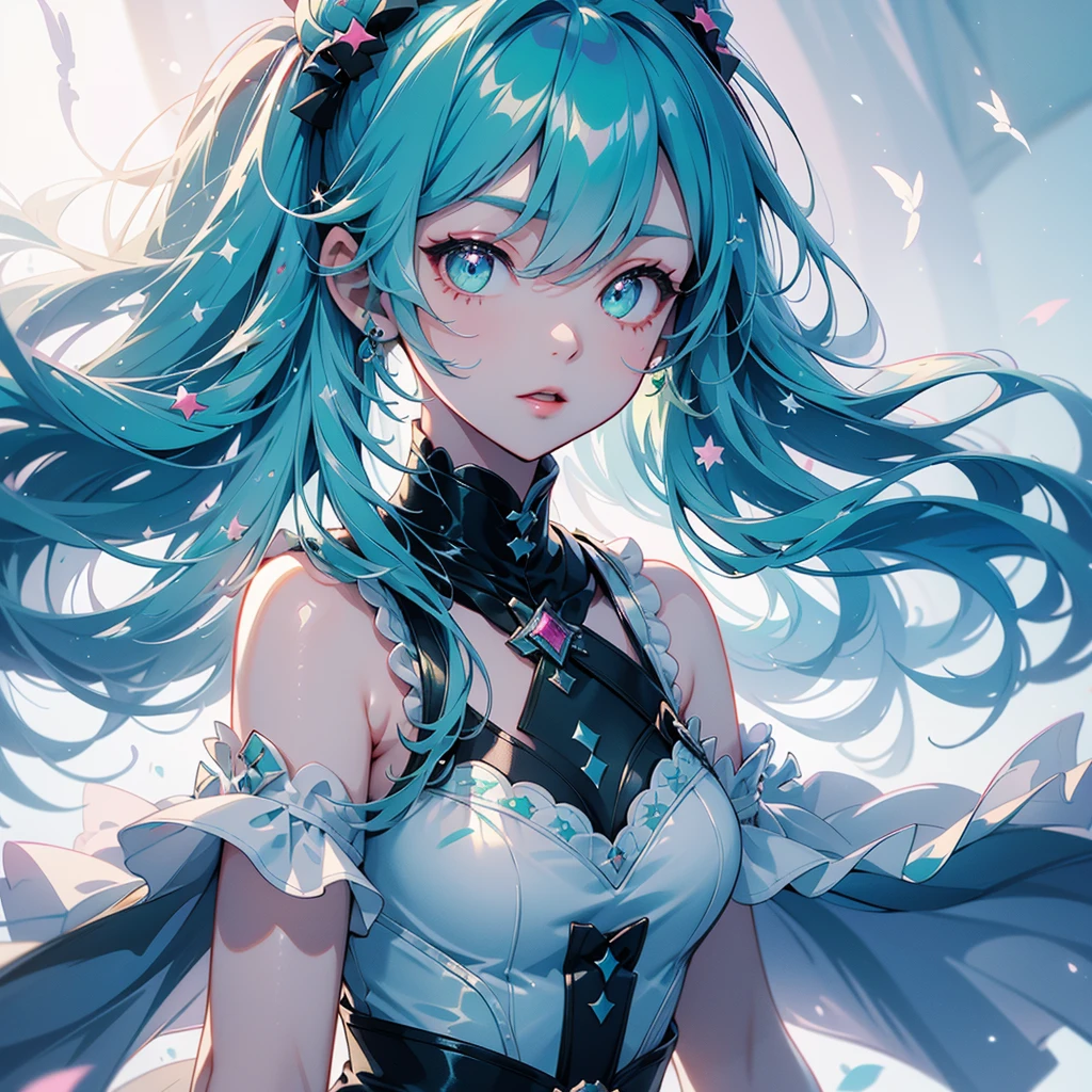  one girl playing pranks、Character design front、Front view、Delicate line hair、(((Super fine、Best Quality、masterpiece)))、original cute hairstyle 、 milk white and blue hair color 、 simple green background、 jet black and magenta original cute costume、 pastel fantasy painting frame 、